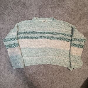 Umgee Blue Striped Fuzzy Soft Lightweight Knit Sweater Women’s Size Medium